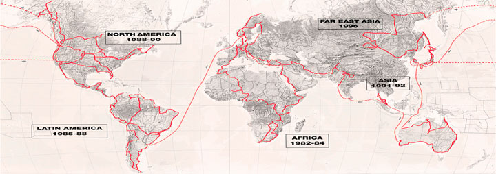 Map showing Helge's "10 Years on 2 Wheels" travels.